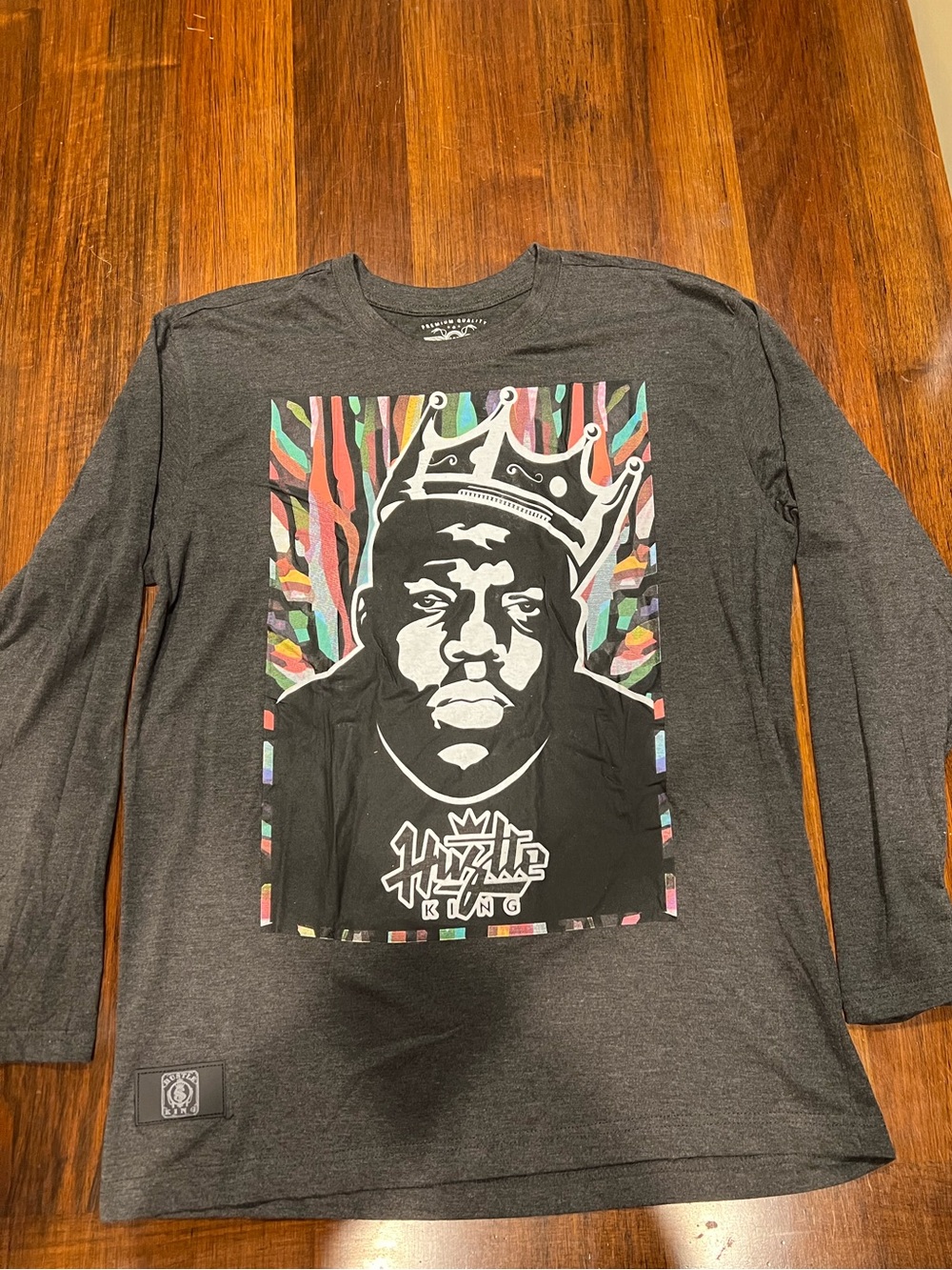 Roadstar Charcoal Long-Sleeve Tee with Biggie Smalls Crown Hip Hop, size L